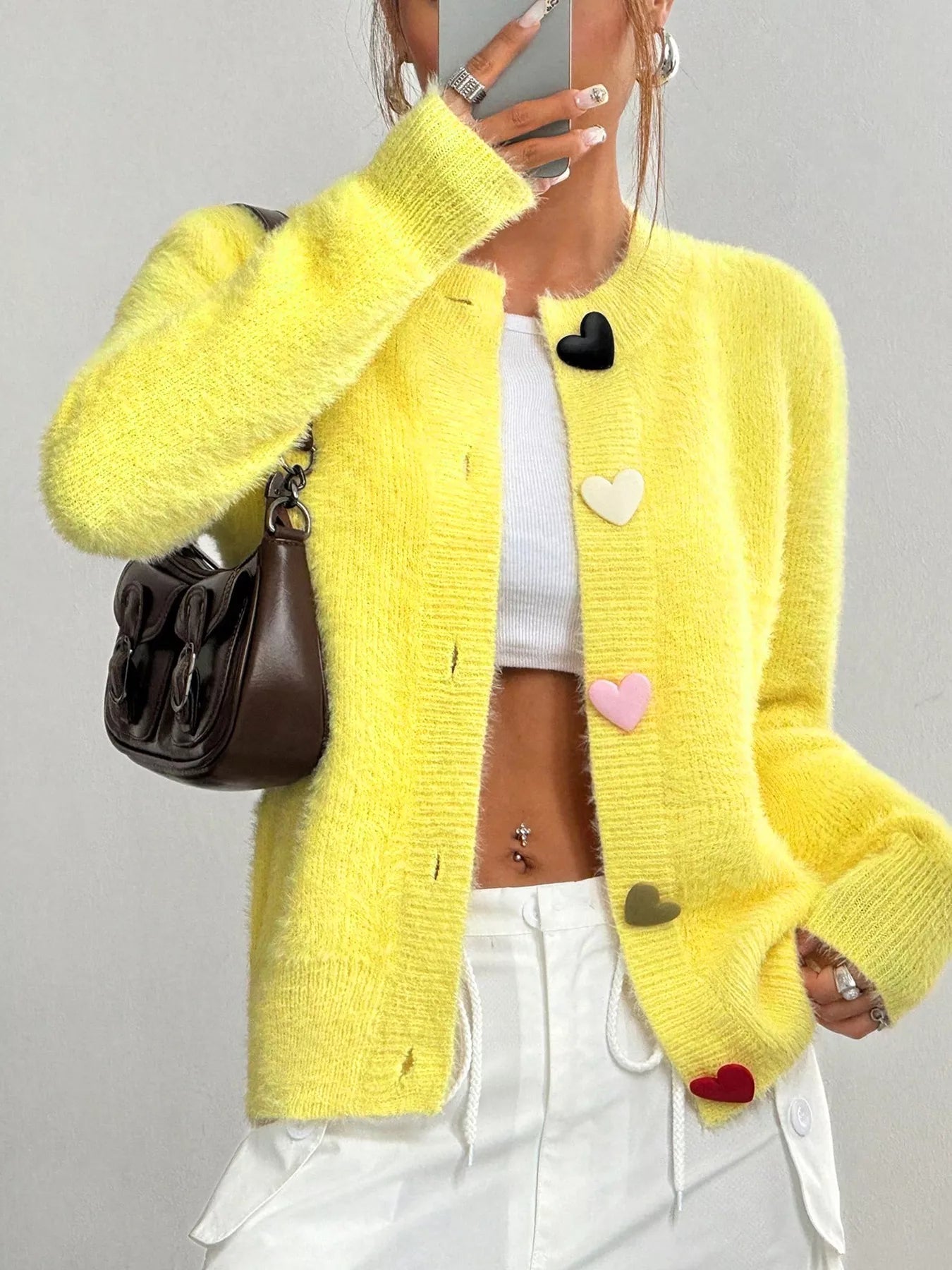 Fuzzy Heart Button Cardigan