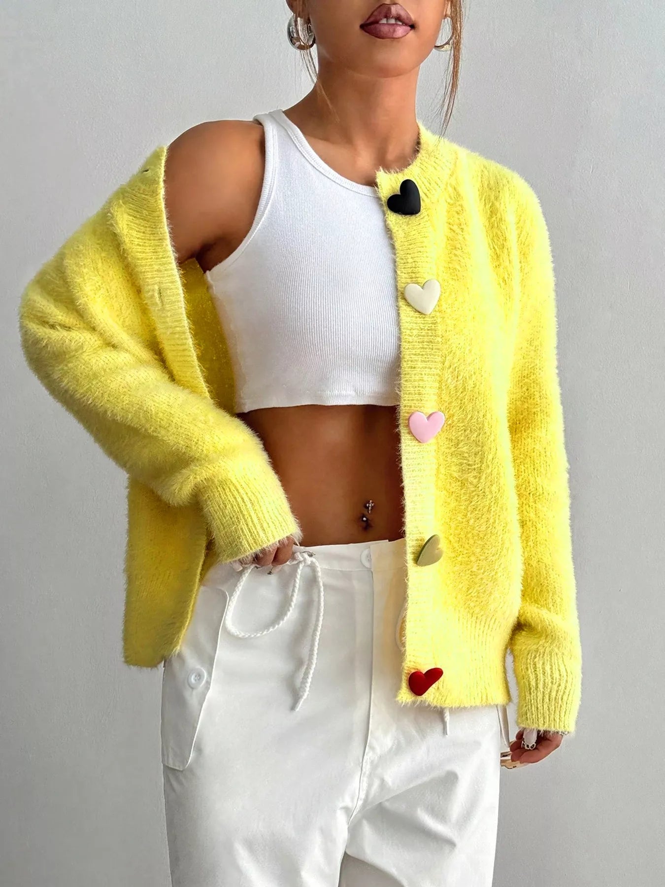 Fuzzy Heart Button Cardigan