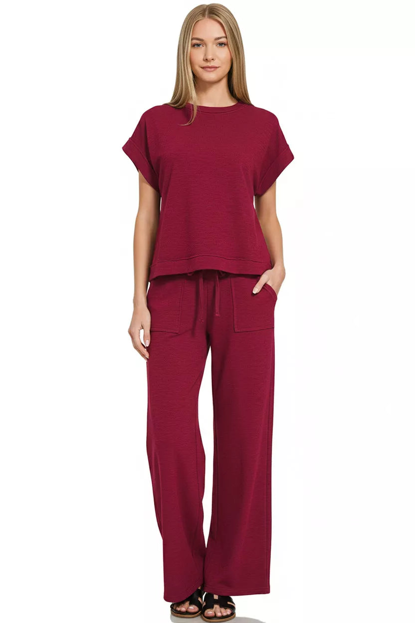 Zenana Cotton Slub Short Sleeve Tee and Pants Set