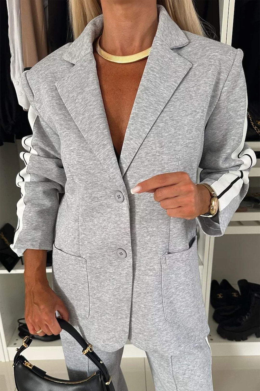 Full Size Contrast Lapel Collar Jacket and Pants Set