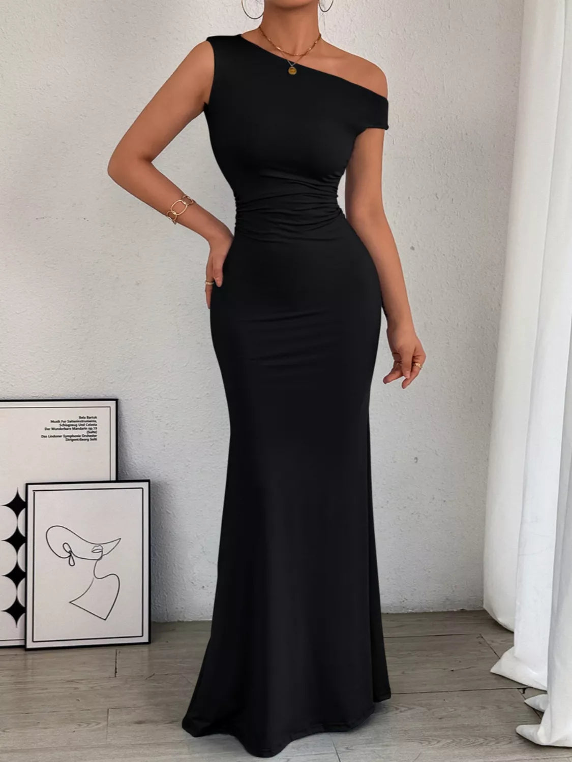Sleek One-Shoulder Ruched Maxi Dress