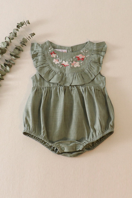 Sage floral embroidery ruffle linen girl bubble