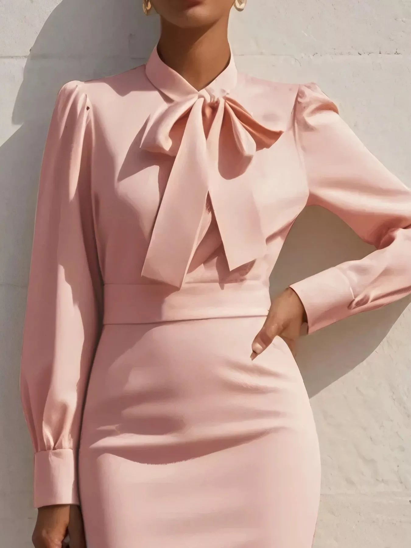 Chic Bow Tie Long Sleeve Bodycon Dress