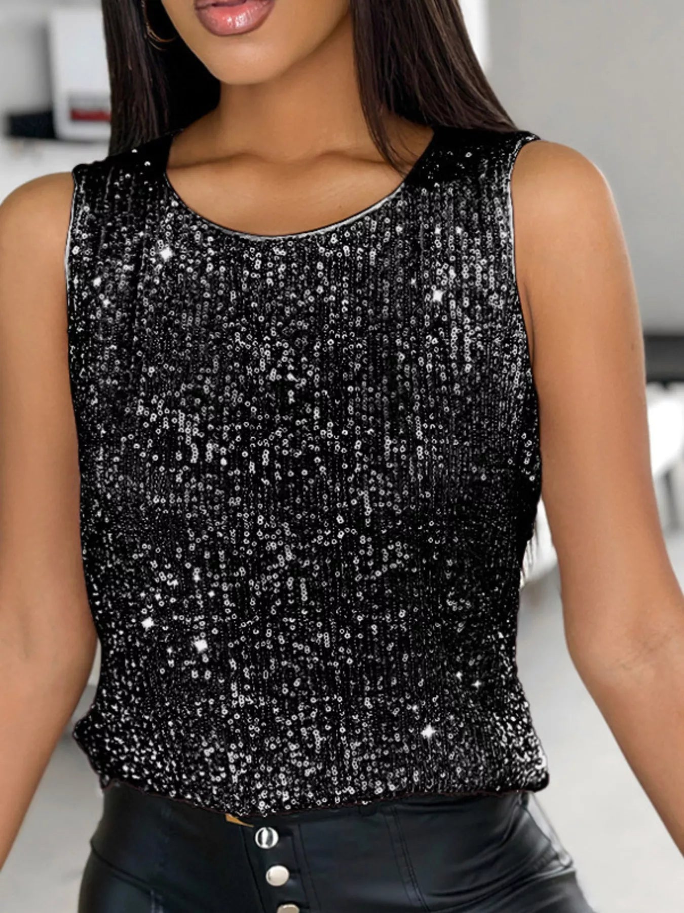 Sequin Round Neck Tank Top