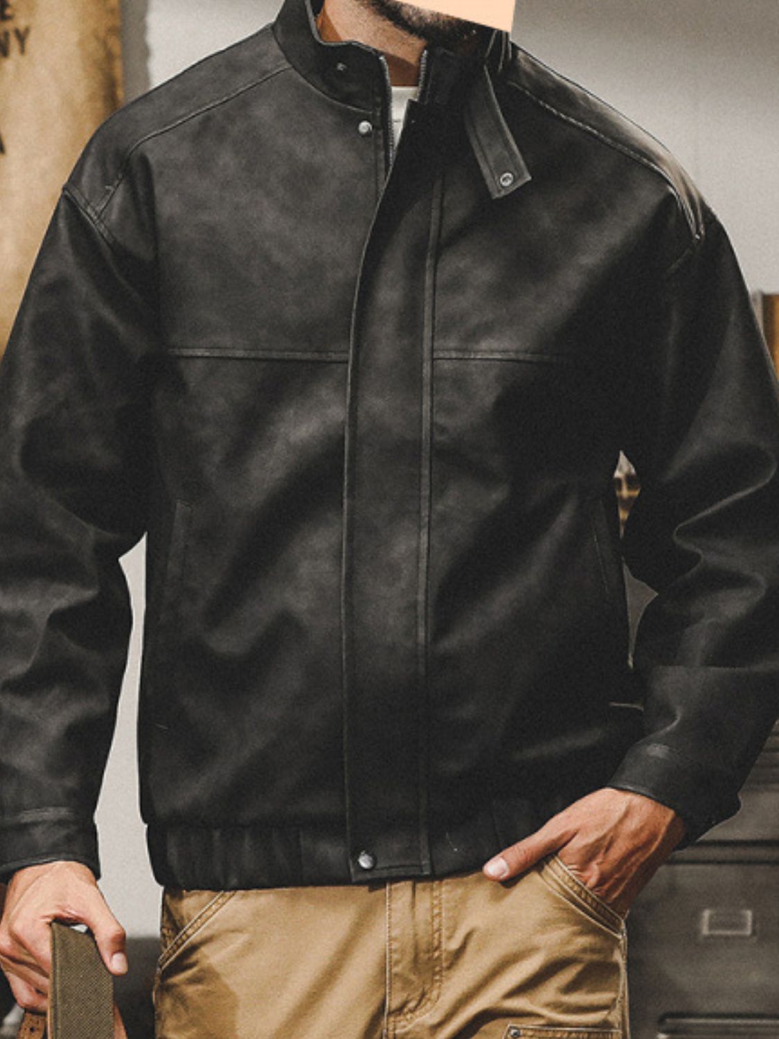 Men's Plus Size Zip Up Stand Collar Biker Jacket