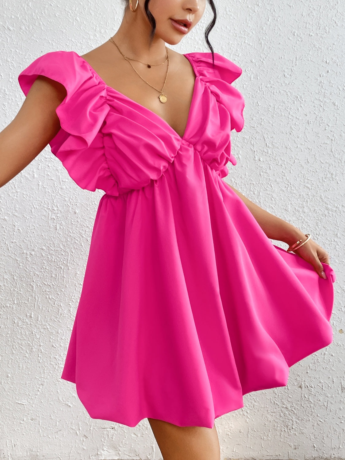 Ruffled V-Neck Cap Sleeve Mini Dress