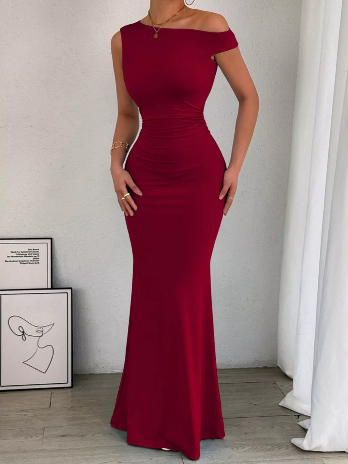 Sleek One-Shoulder Ruched Maxi Dress