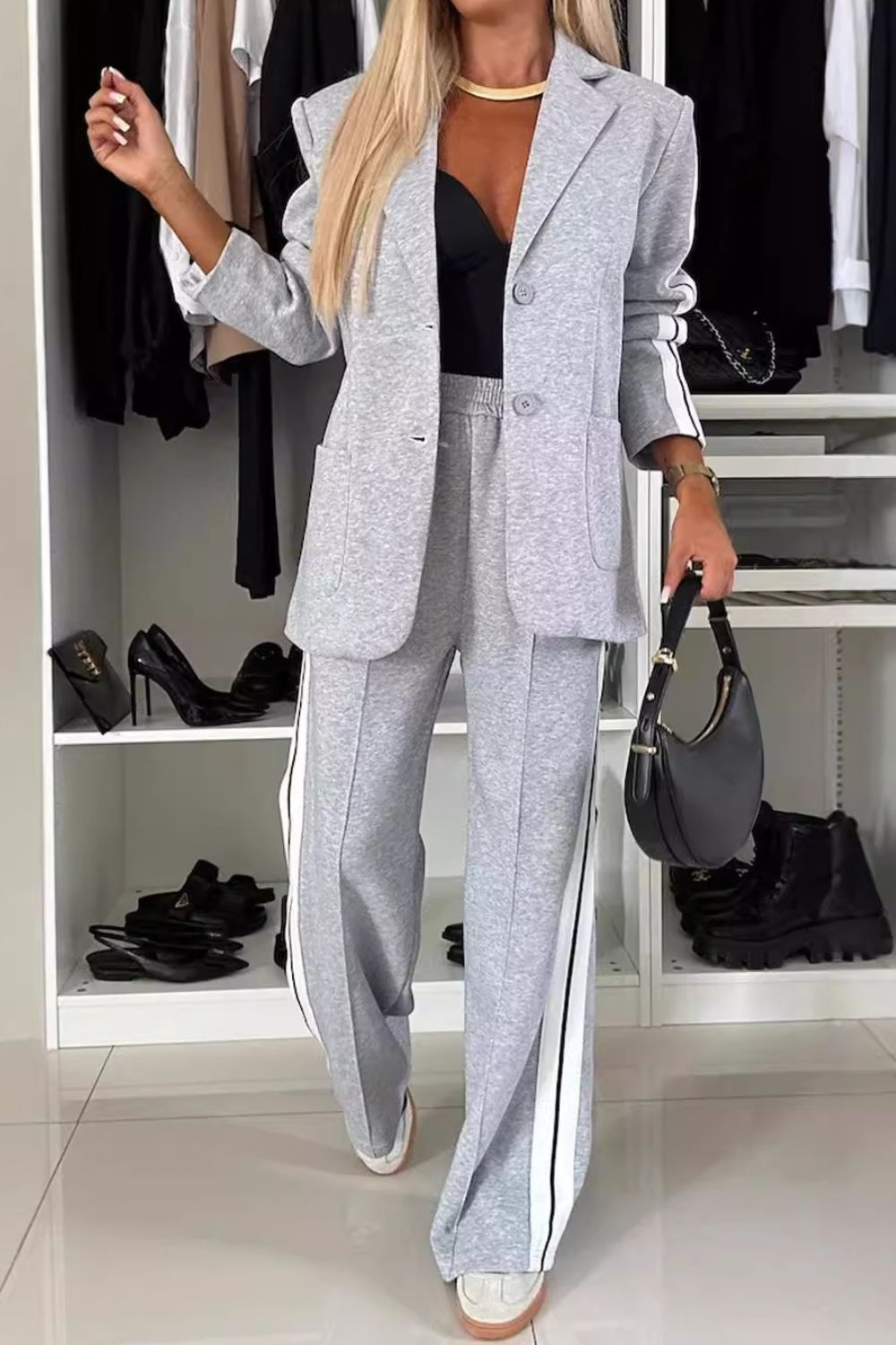 Full Size Contrast Lapel Collar Jacket and Pants Set