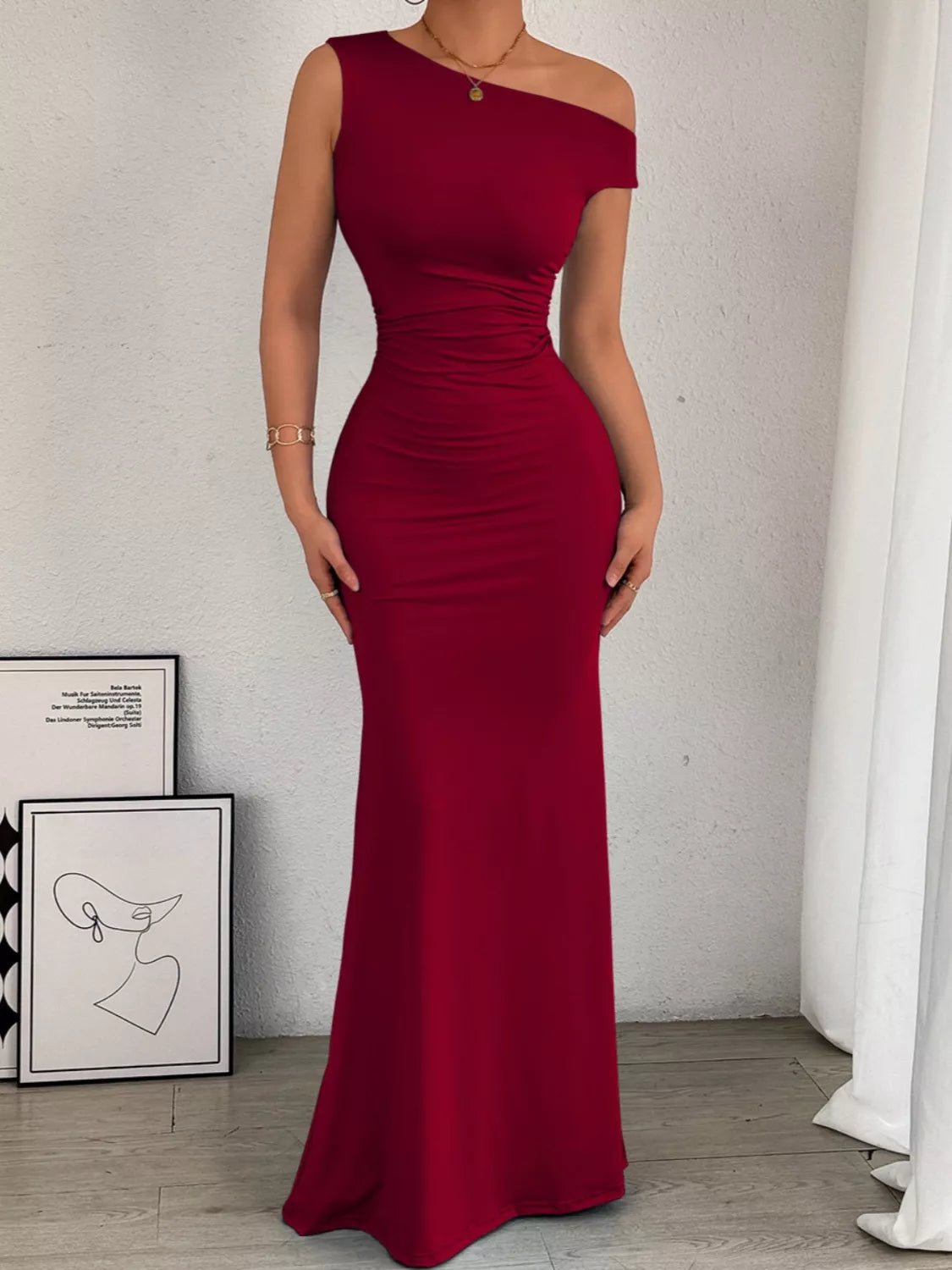 Sleek One-Shoulder Ruched Maxi Dress