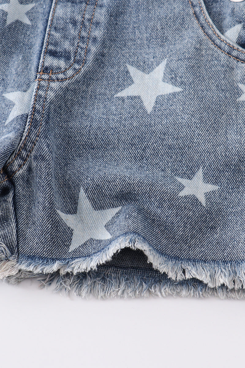 Medium wash blue star print strap denim overall