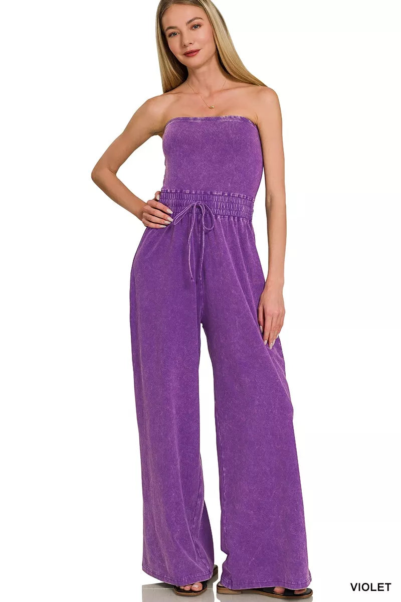 Zenana Acid Washed Strapless Tube Top Jumpsuit