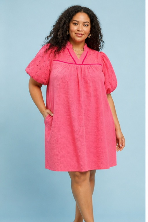 Blush Charm Puff Sleeve Textured Dress