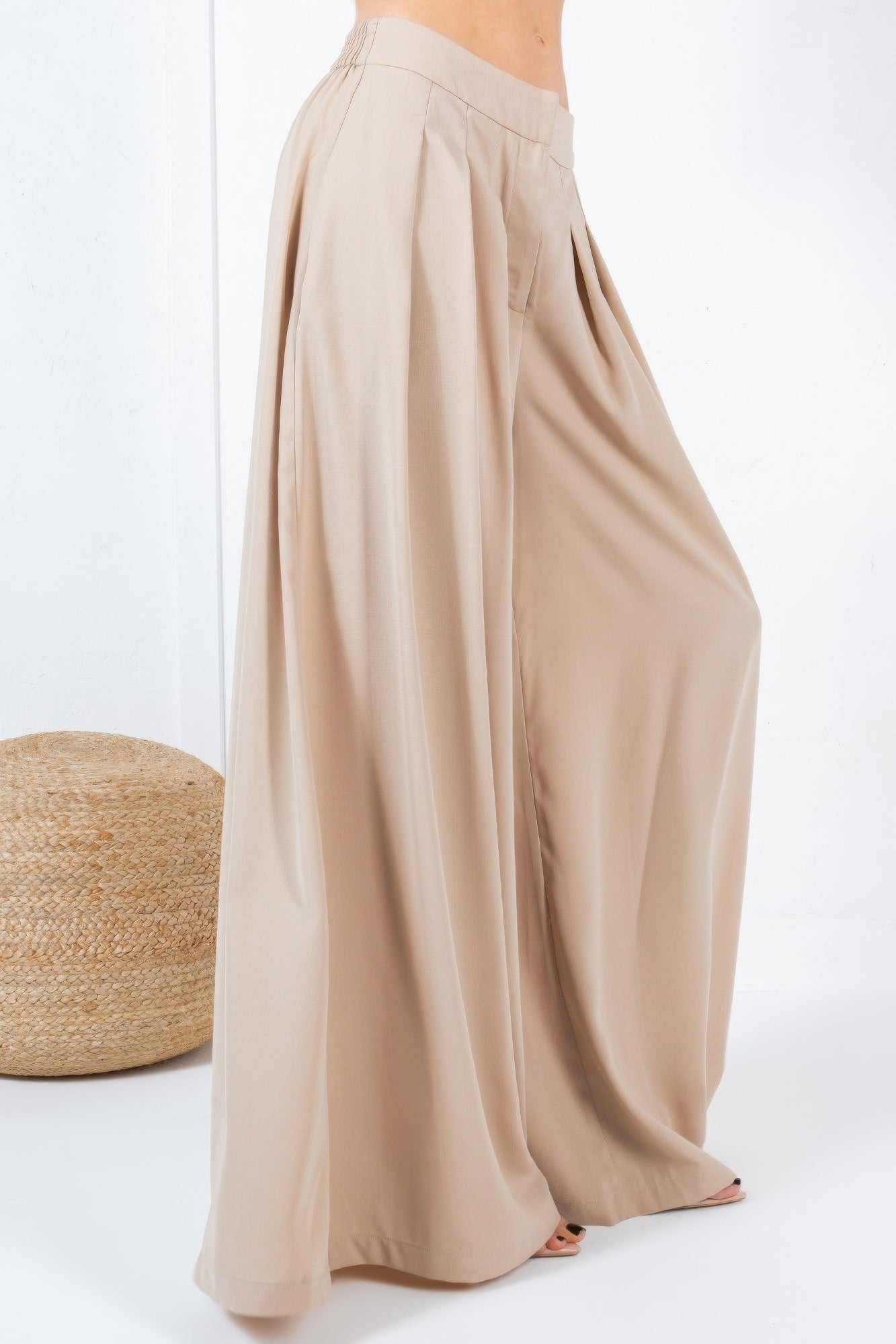 Large Hem Wide Leg Pleated Solid Pants