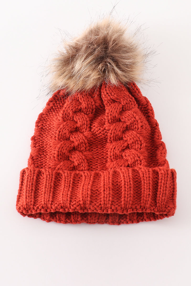 Caramel pompom cable beanie hat