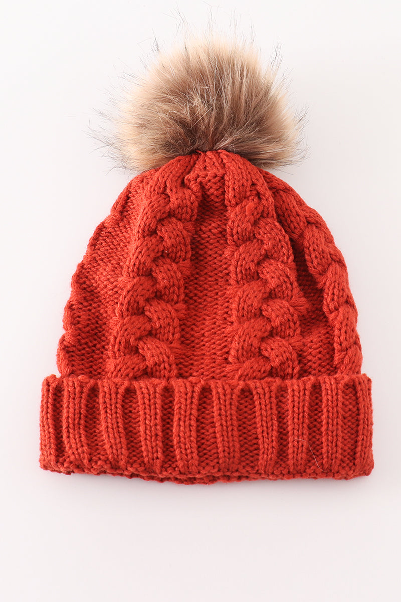 Caramel pompom cable beanie hat