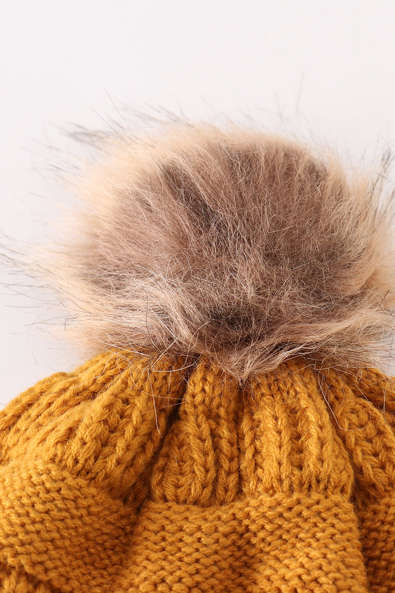 Mustard pompom cable beanie hat