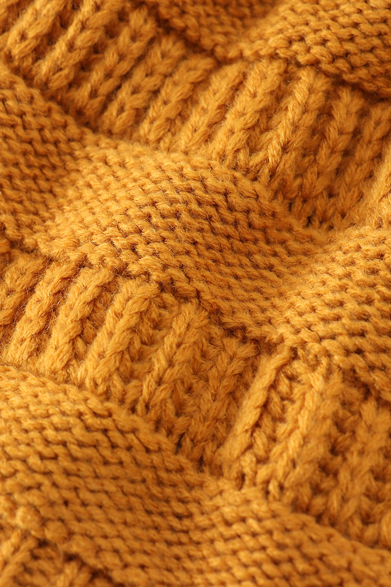 Mustard pompom cable beanie hat