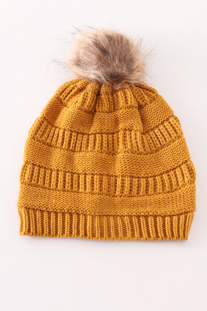 Mustard pompom cable beanie hat