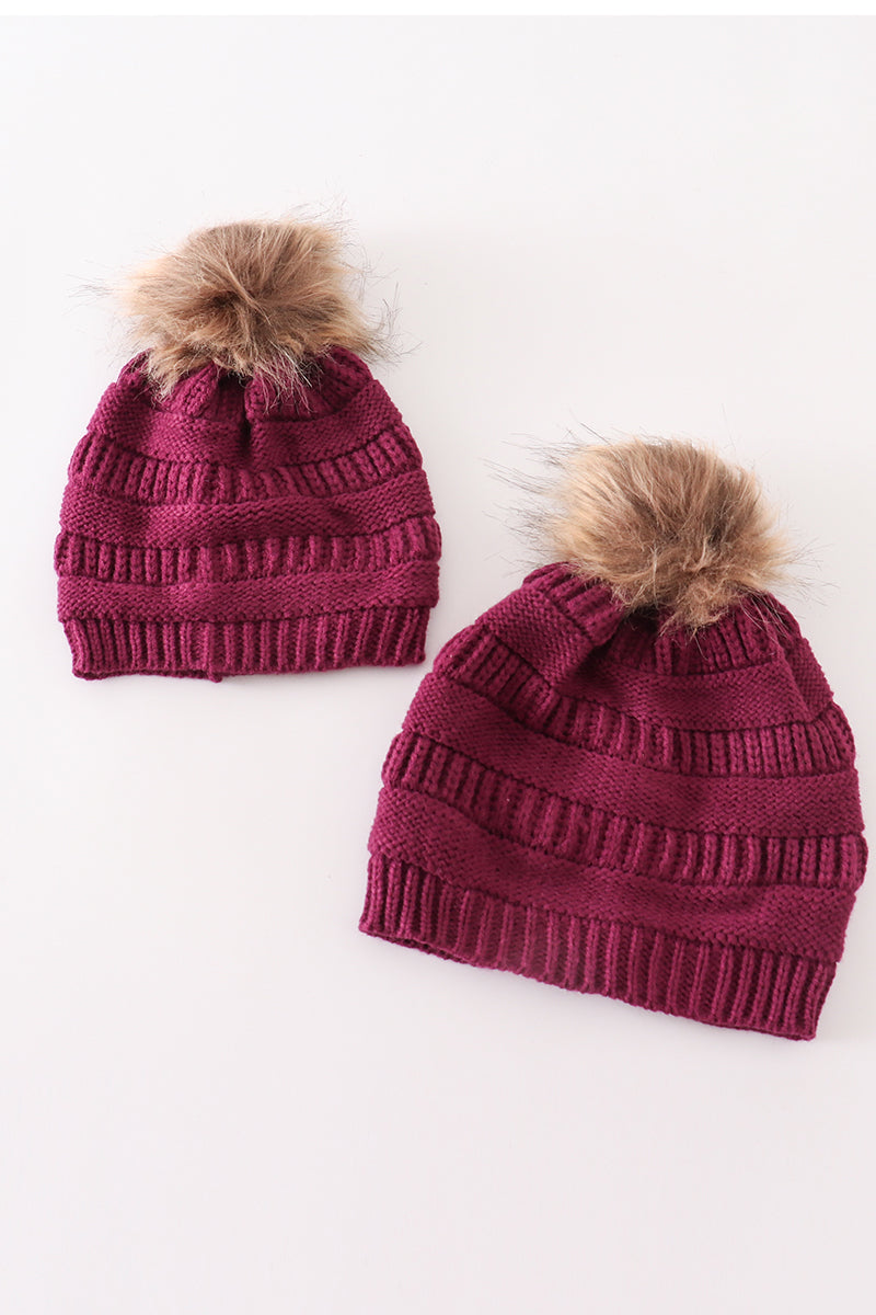 Violet pompom cable beanie hat