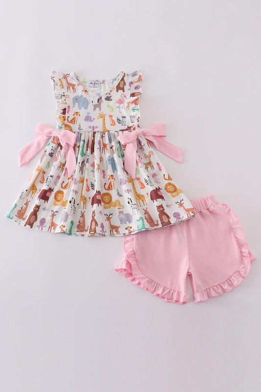 Pink zoo animals print bow ruffle set