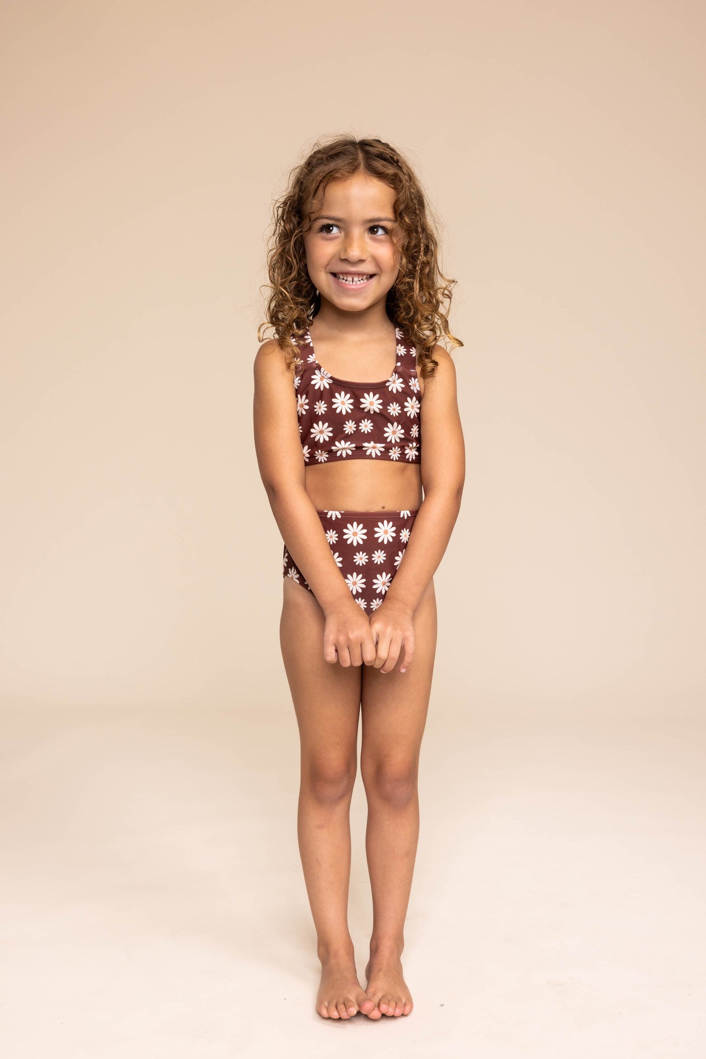 Brown daisy print 2pc swimsuit (size run small, go up 1-2 sizes)