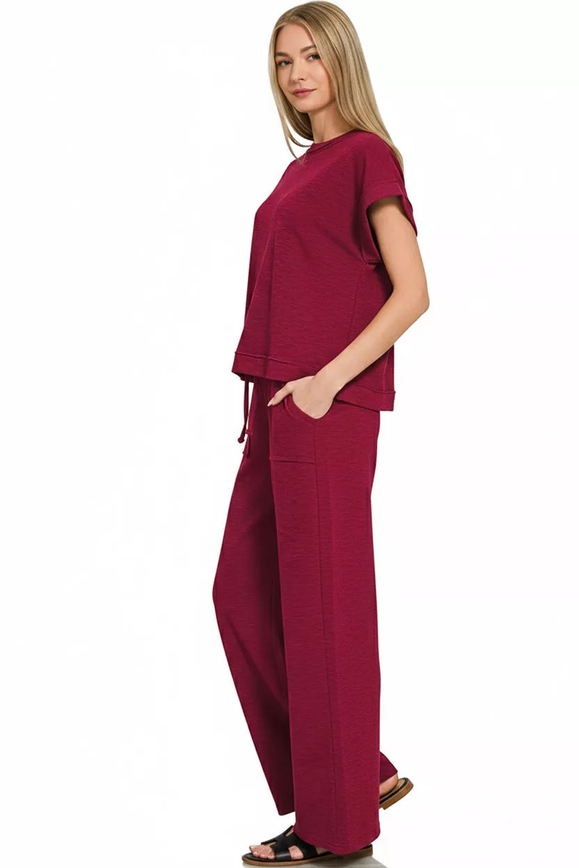 Zenana Cotton Slub Short Sleeve Tee and Pants Set