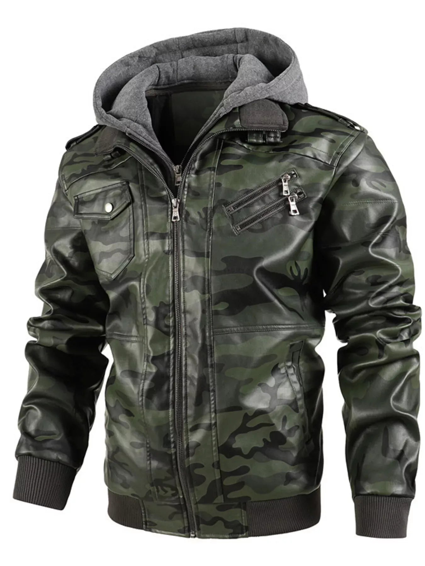 Men's Full Size Camouflage Hooded Faux Leather Jacket Plus Size