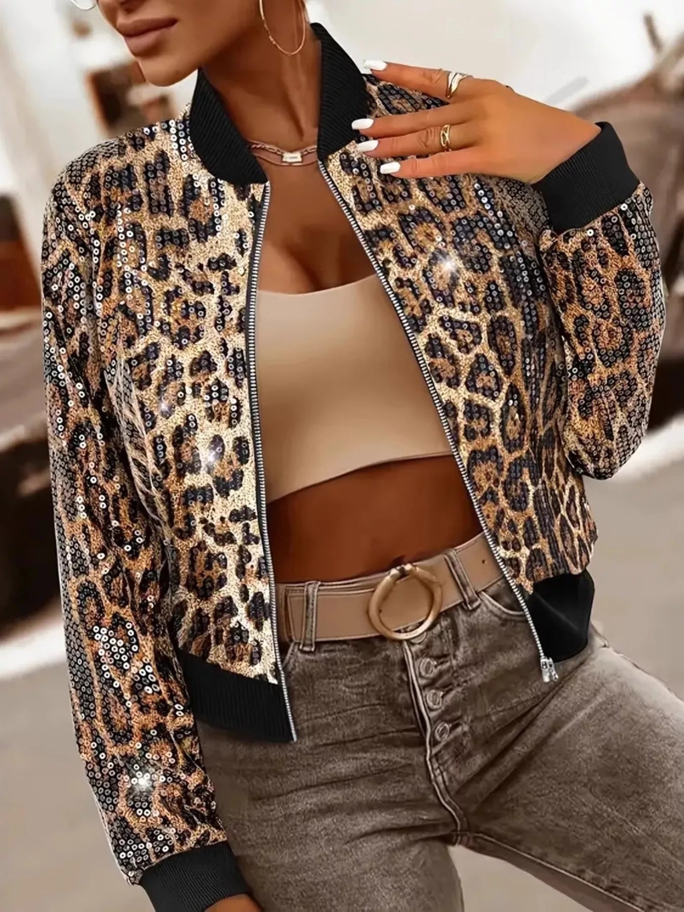 Sequin Leopard Zip Up Jacket