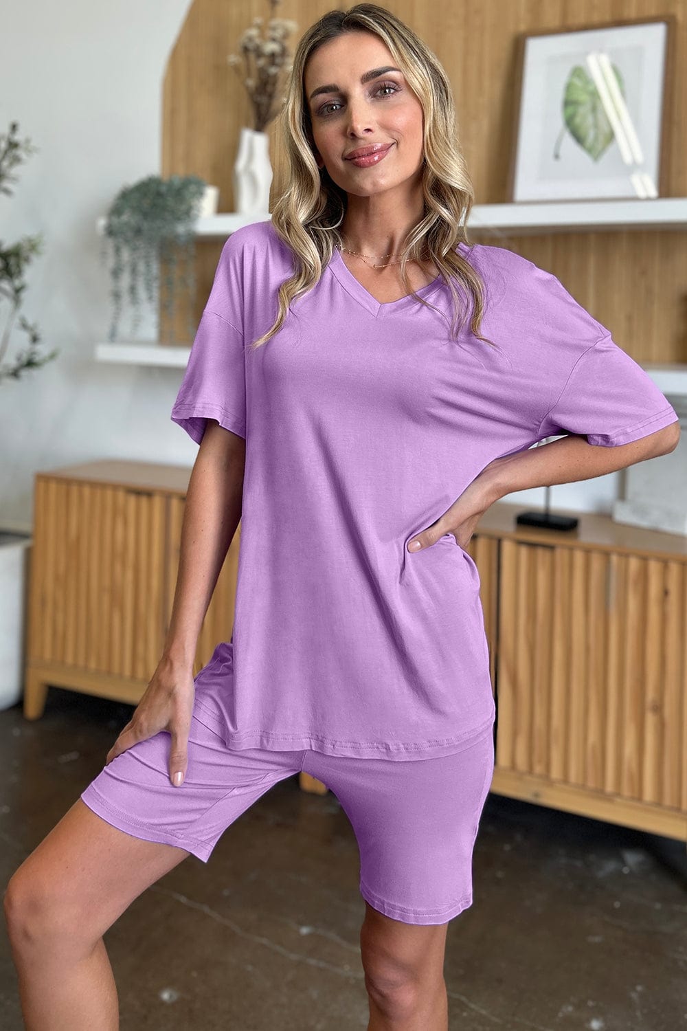 Basic Bae Bamboo Full Size V-Neck Drop Shoulder T-Shirt and Shorts Set