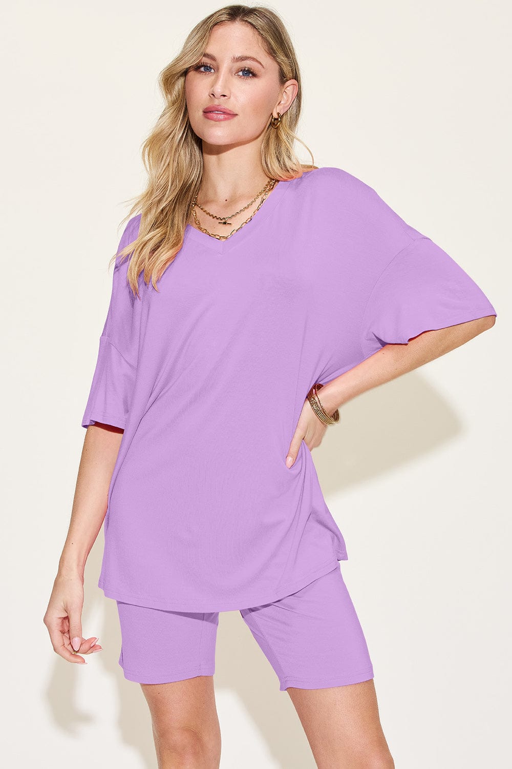 Basic Bae Bamboo Full Size V-Neck Drop Shoulder T-Shirt and Shorts Set