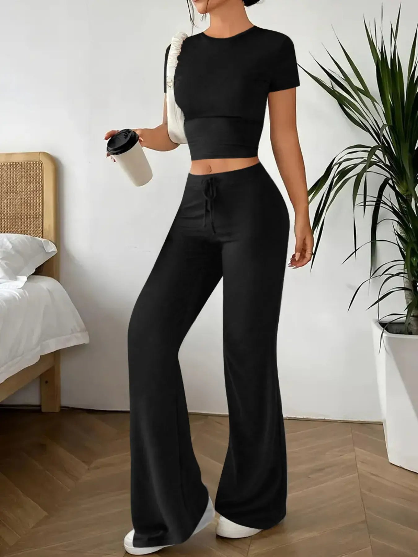 Crop Top and Wide Leg Pants Matching Set