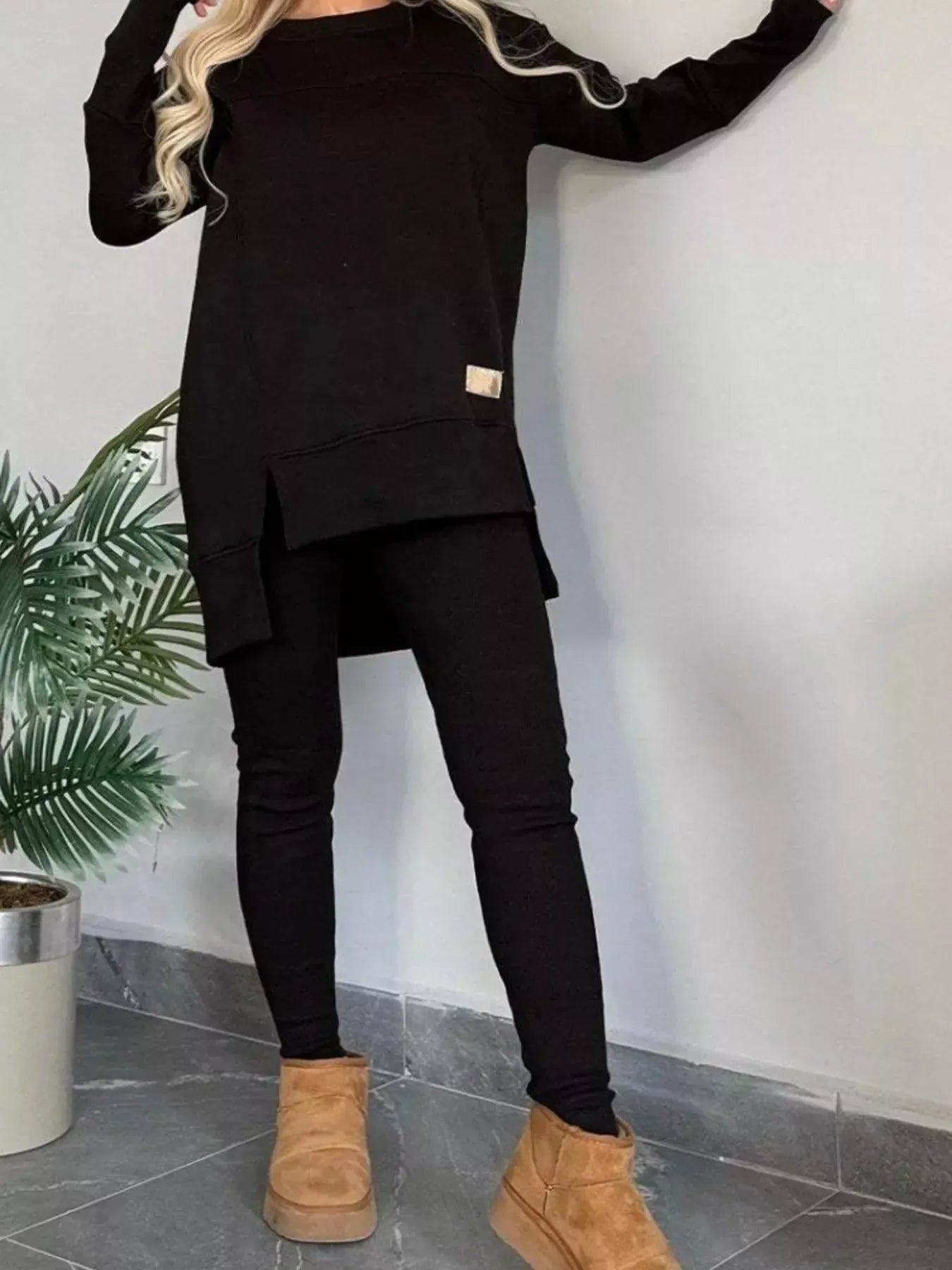 Full Size Slit Round Neck Top and Pants Set Plus Size