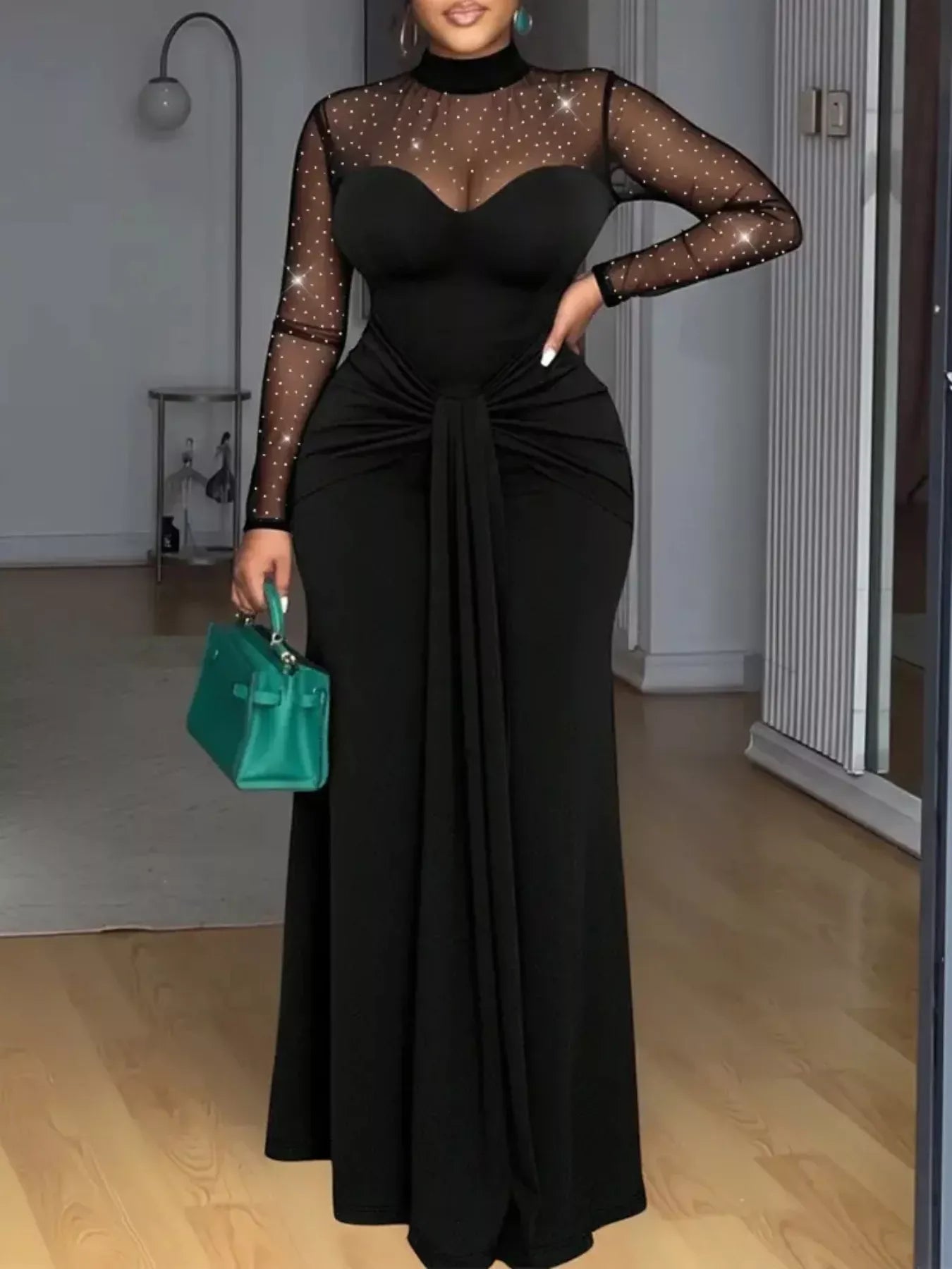 Sculpted Mesh Mock Neck Maxi Dress