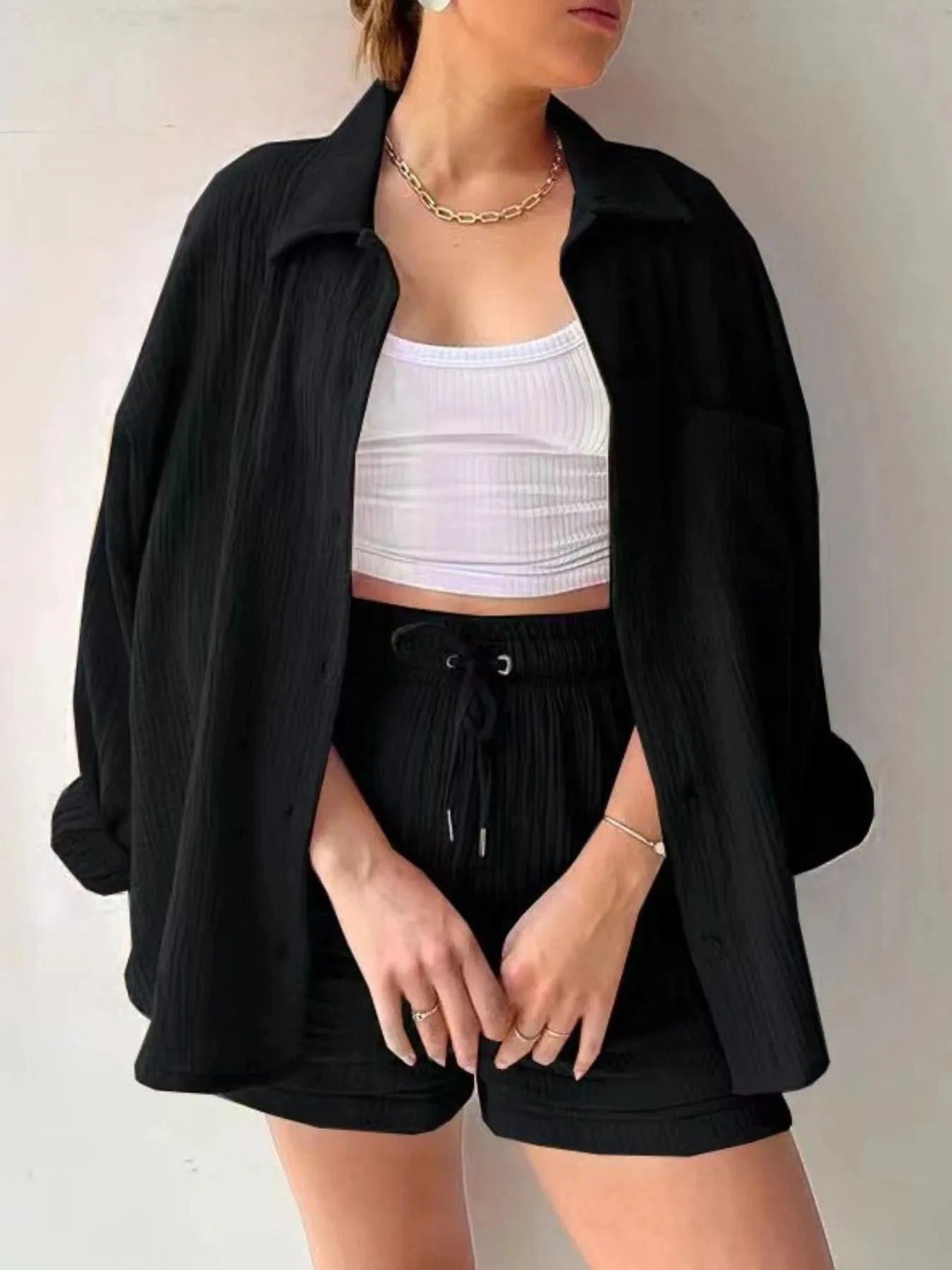 Textured Button Up Shirt and Shorts Set