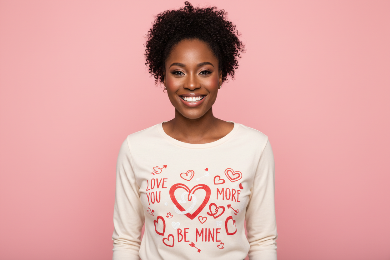 Black woman wearing a valentines shirt in front of a solid pink background 