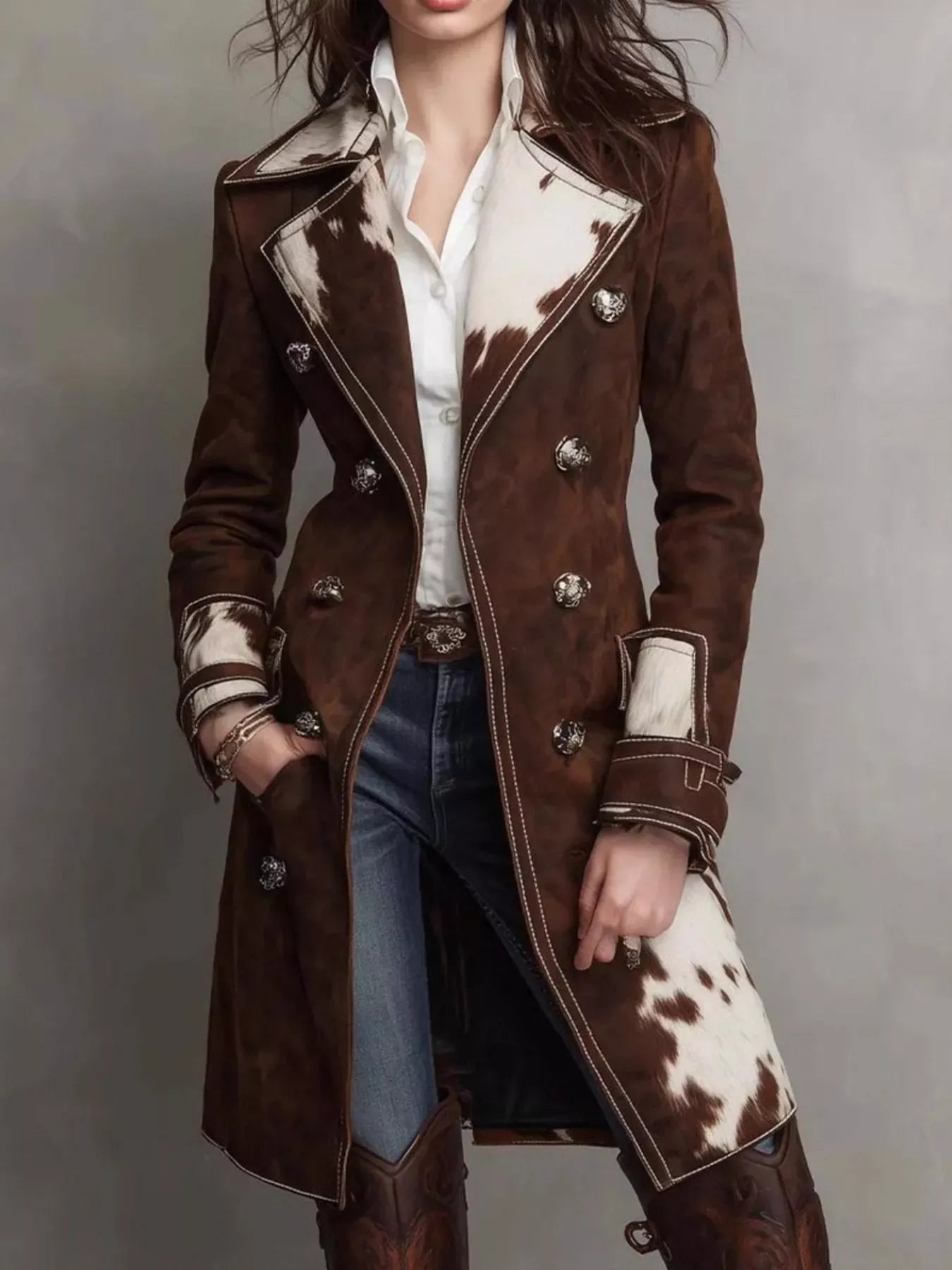 Cowhide Trim Western-Style Trench Coat