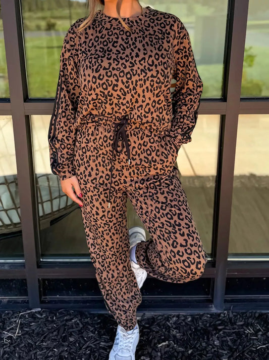 Striped Trim Leopard Long Sleeve Top Drawstring Pant Set