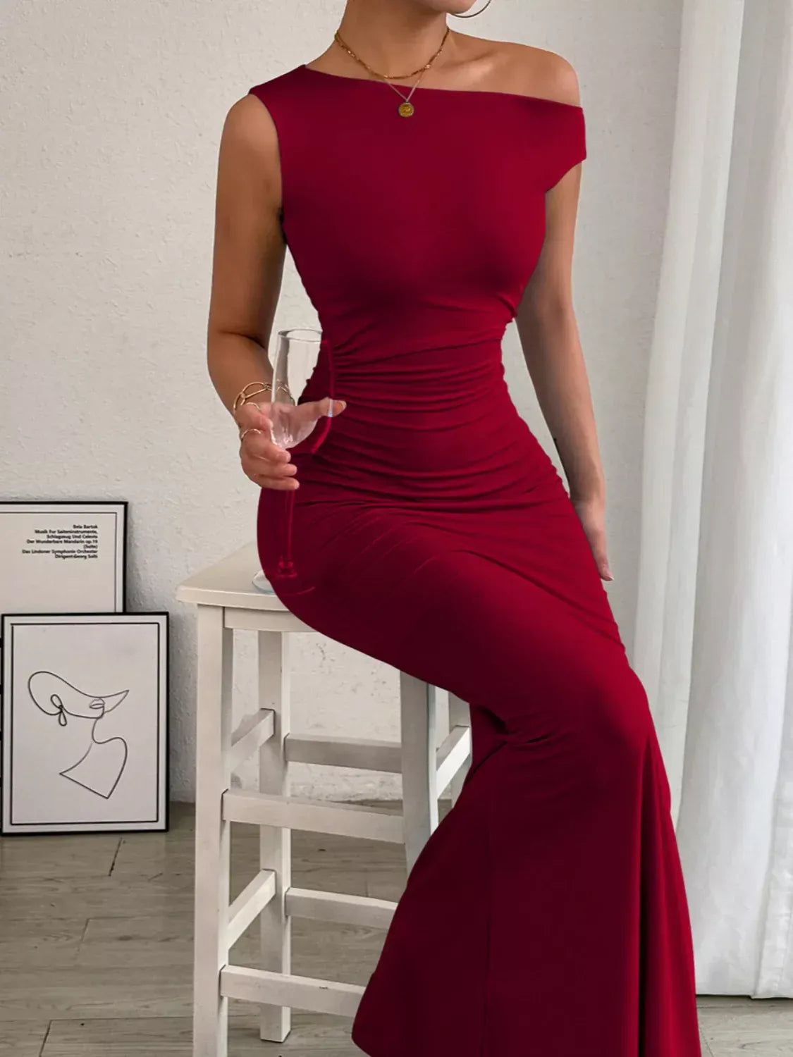 Sleek One-Shoulder Ruched Maxi Dress