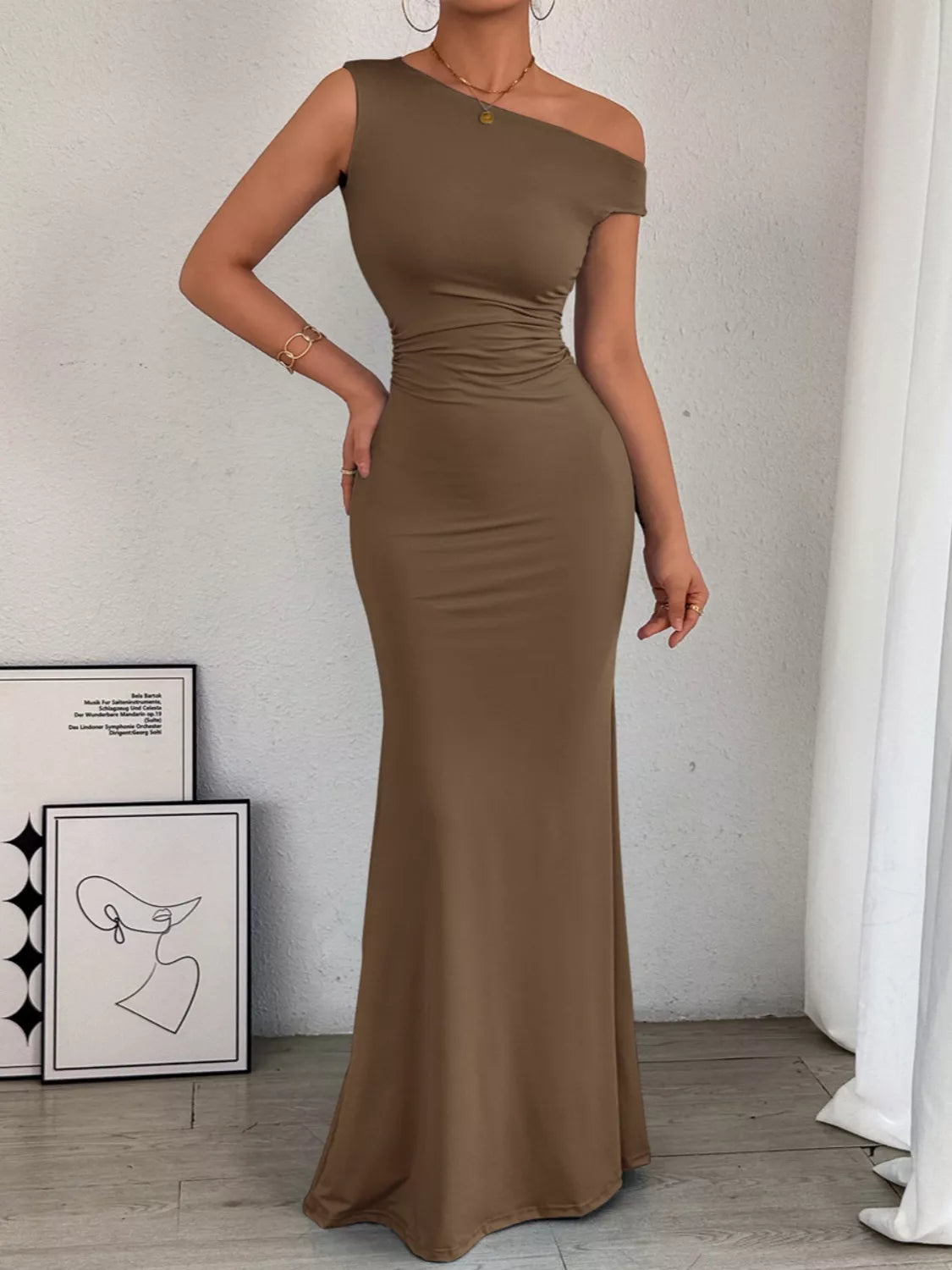 Sleek One-Shoulder Ruched Maxi Dress