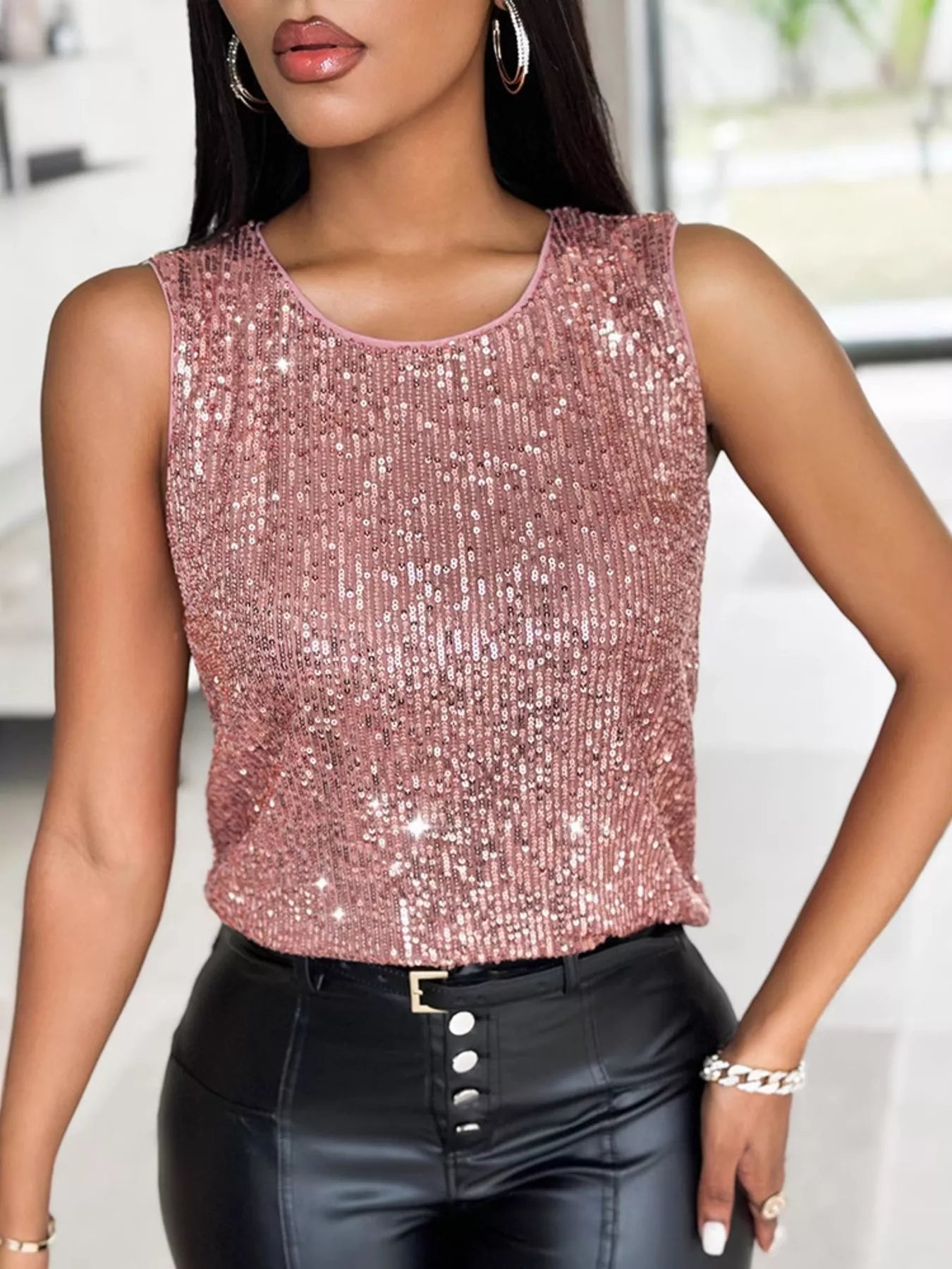 Sequin Round Neck Tank Top