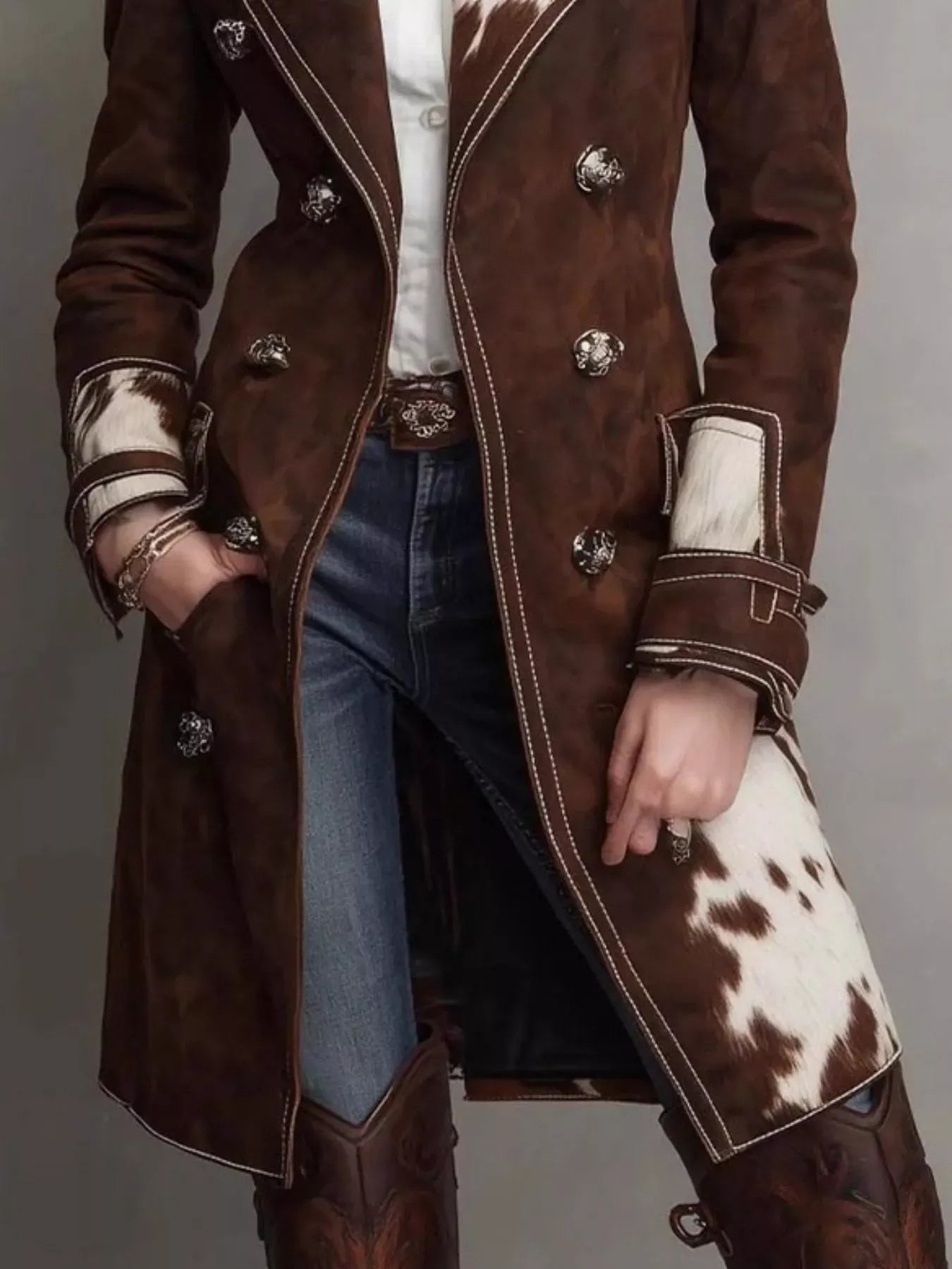 Cowhide Trim Western-Style Trench Coat