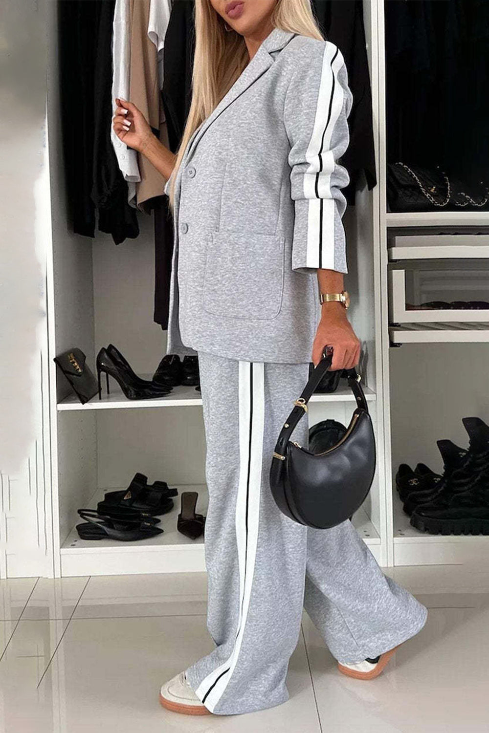 Full Size Contrast Lapel Collar Jacket and Pants Set