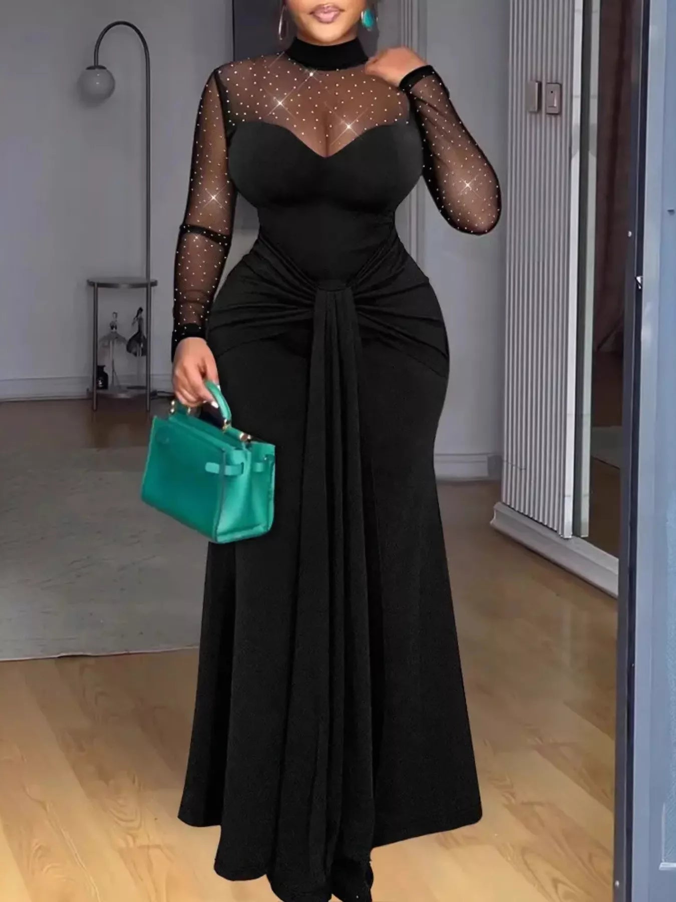 Sculpted Mesh Mock Neck Maxi Dress