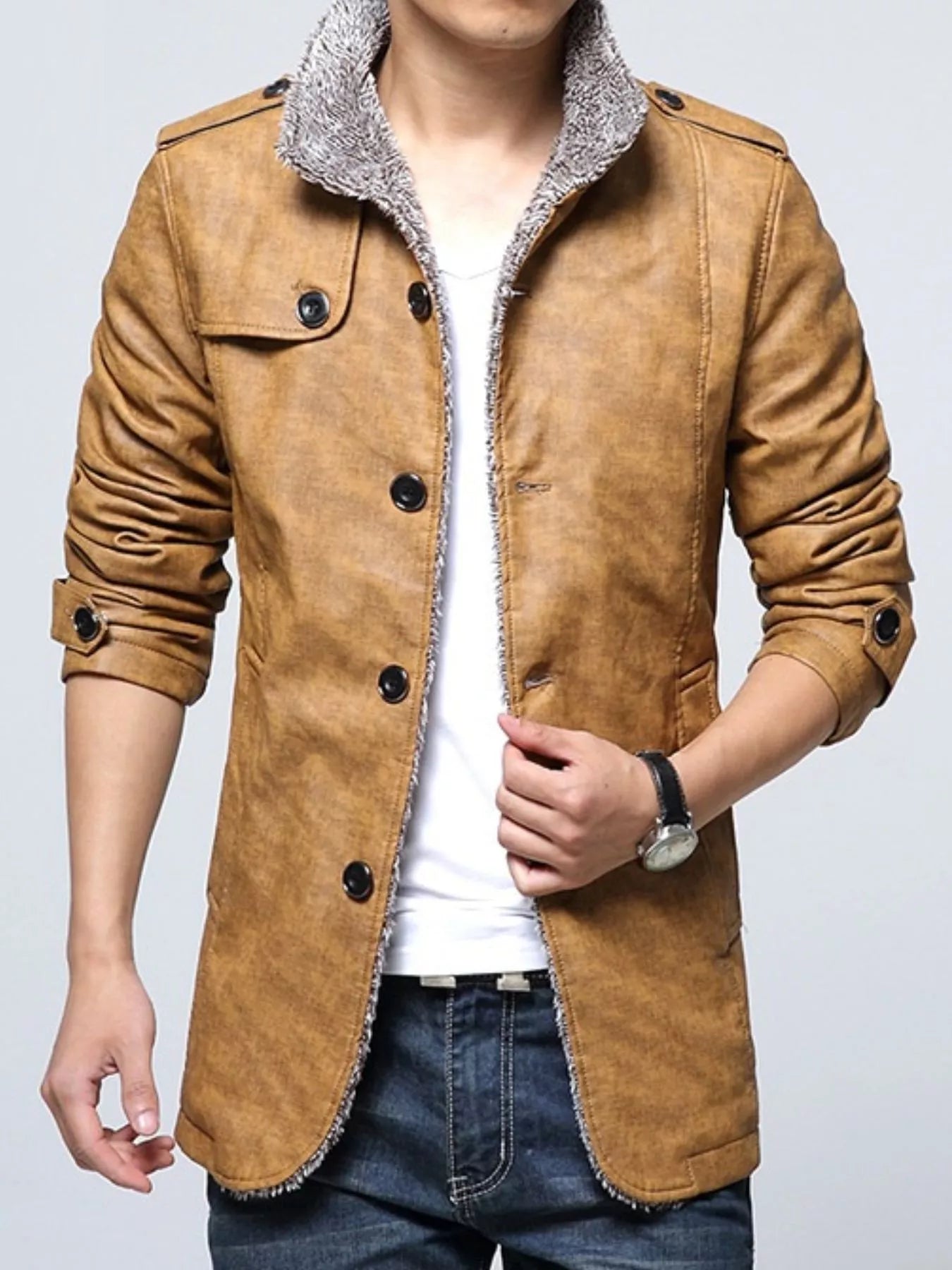 Men’s Plus Size Fleece-Lined Button-Up Coat