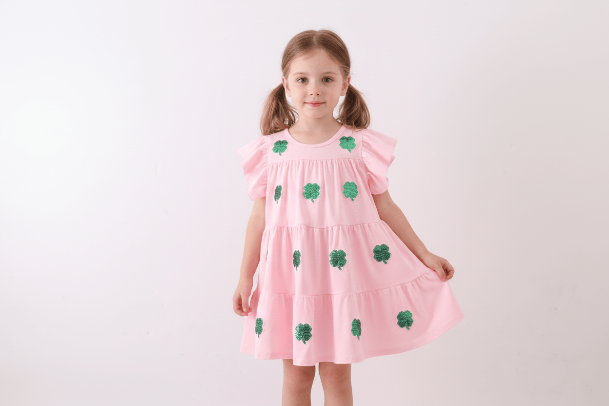 Pink clover sequin ruffle tiered dress