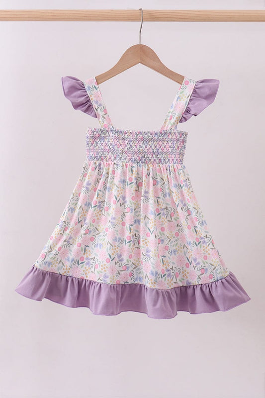 Purple floral smocked ruffle dress