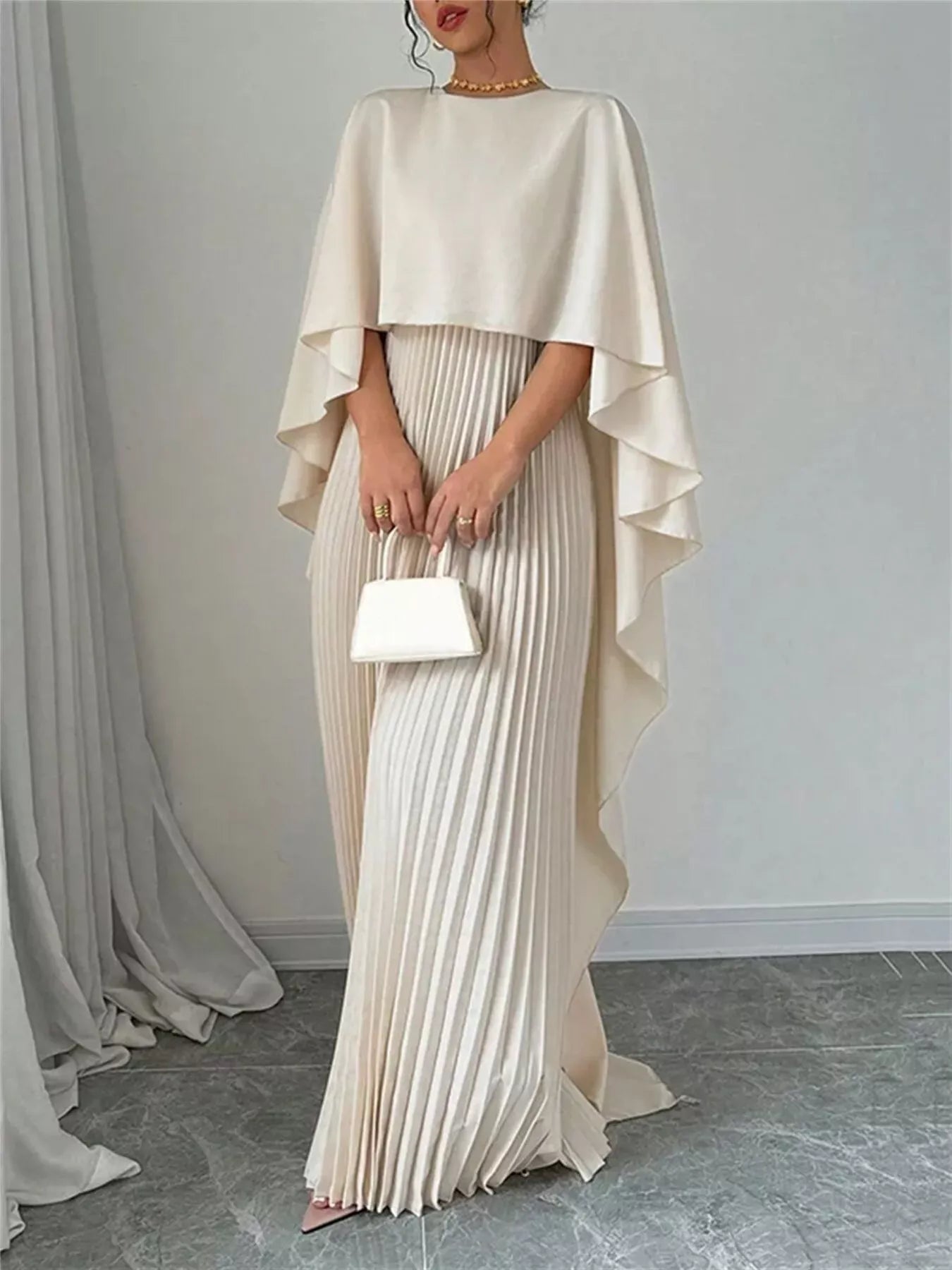 Cape Pleated Maxi Dress