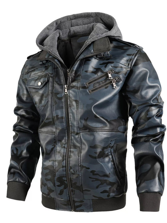 Men's Full Size Camouflage Hooded Faux Leather Jacket Plus Size