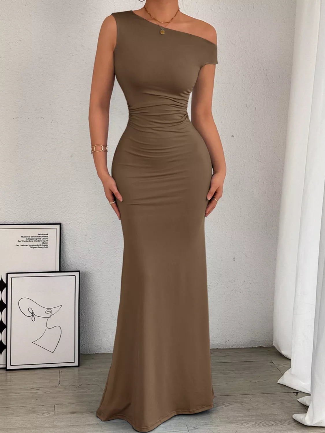 Sleek One-Shoulder Ruched Maxi Dress