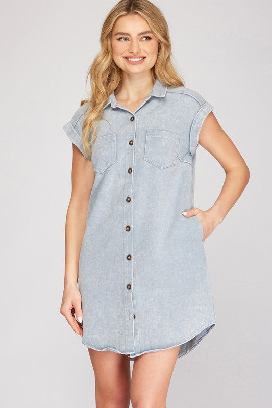 She + Sky Full Size Folded Cuff Button Down Washed Twill Shirt Dress Plus Size